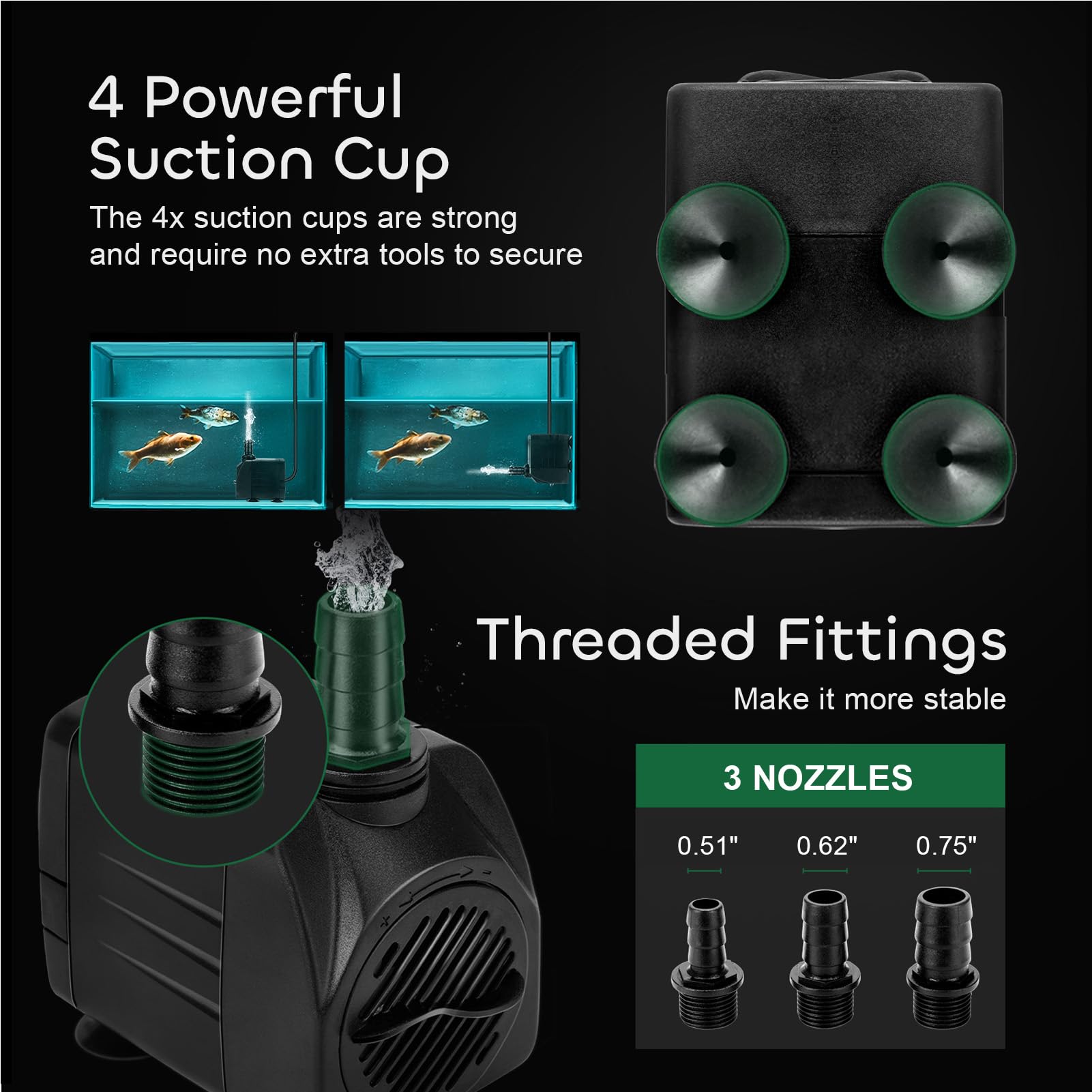 Growneer 550GPH submersible pump front view demonstrates compact design and quiet operation.