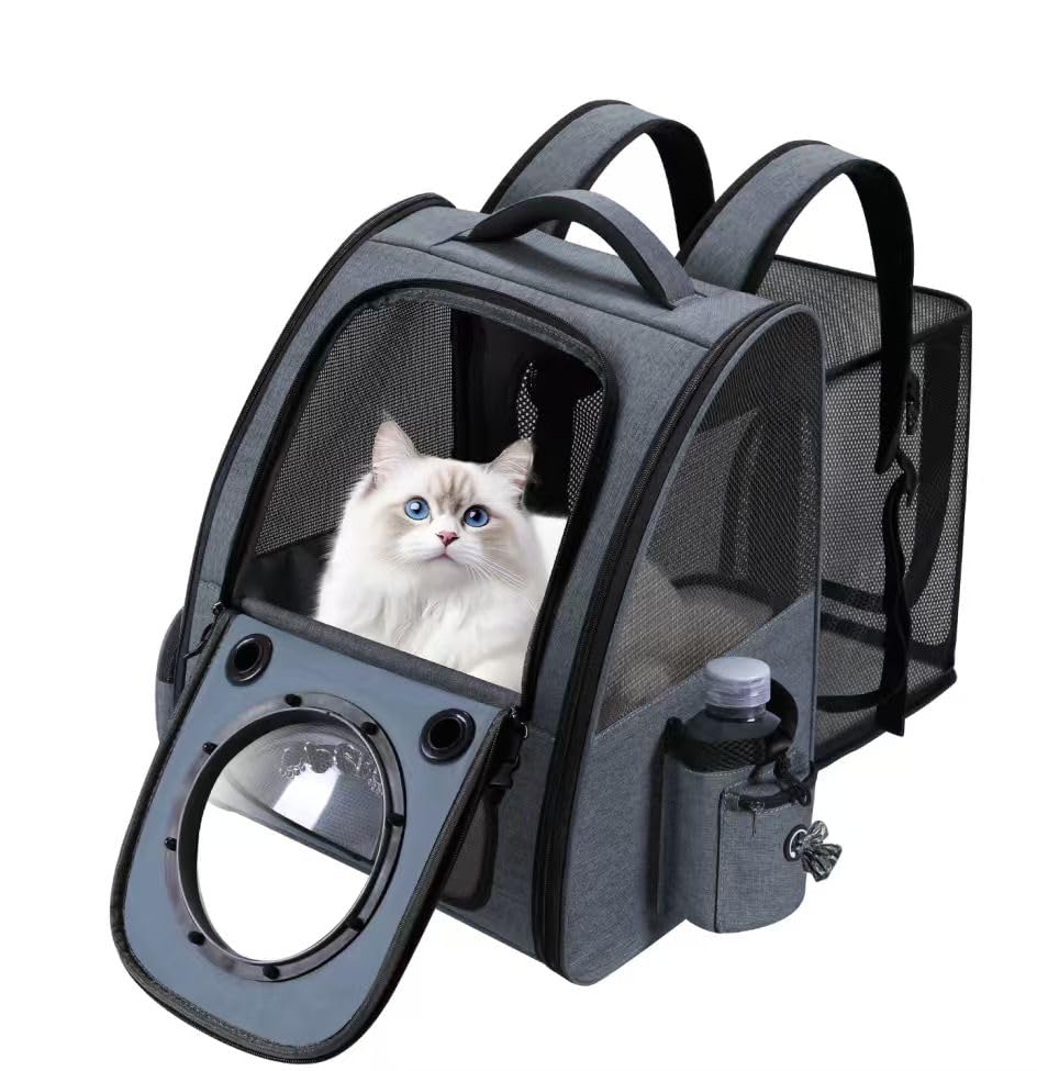 Groxkox Bubble Cat Backpack Carrier extension view offers roomy space for relaxed travel with a cat.
