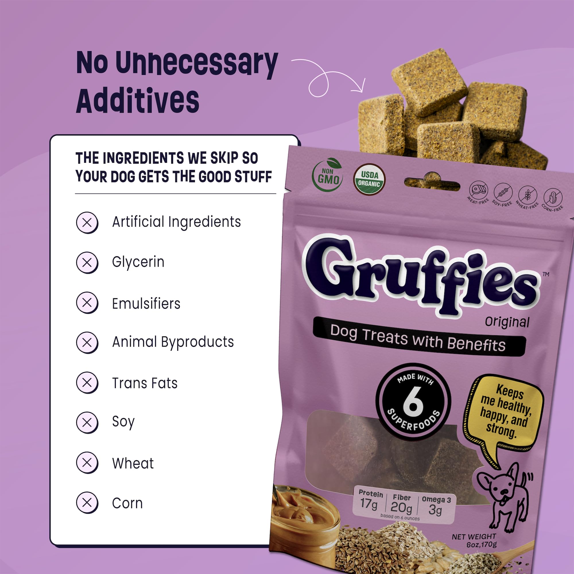 Gruffies Made-in-USA seal shown highlighting non-GMO and additive-free nutrition.