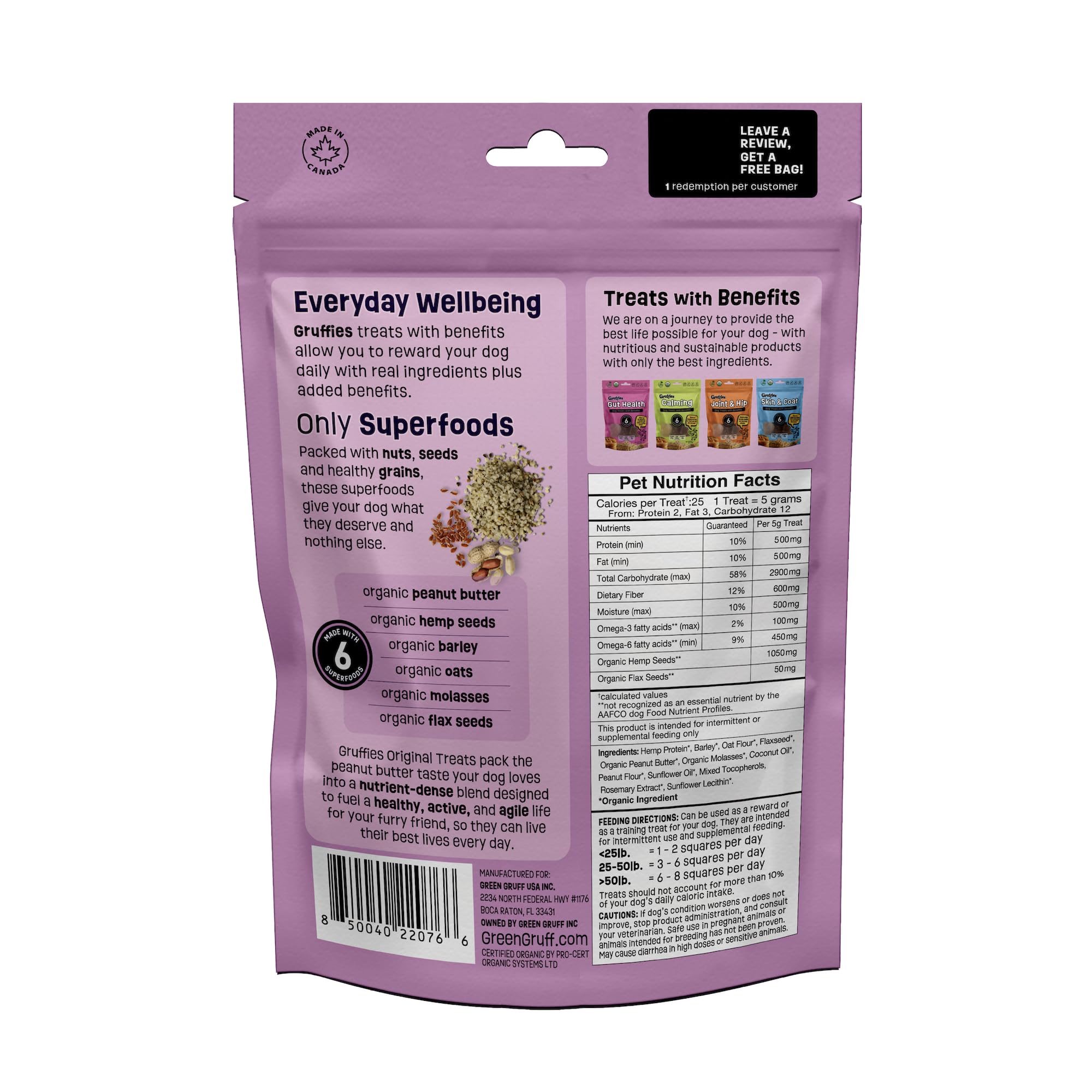Gruffies Organic Peanut Butter Dog Treats ingredients close-up highlighting six organic superfoods for protein and fiber.