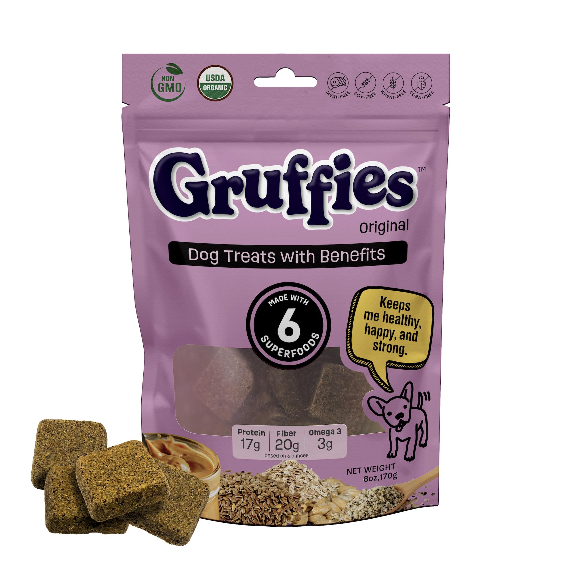 Gruffies Organic Peanut Butter Dog Treats pack 6oz showing packaging with organic ingredients for daily rewards.
