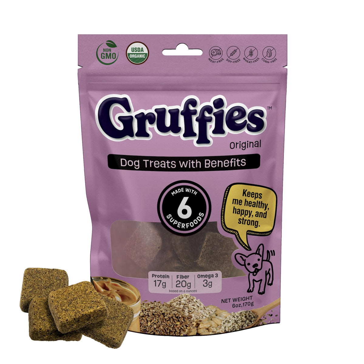 Gruffies Organic Peanut Butter Dog Treats pack 6oz showing packaging with organic ingredients for daily rewards.