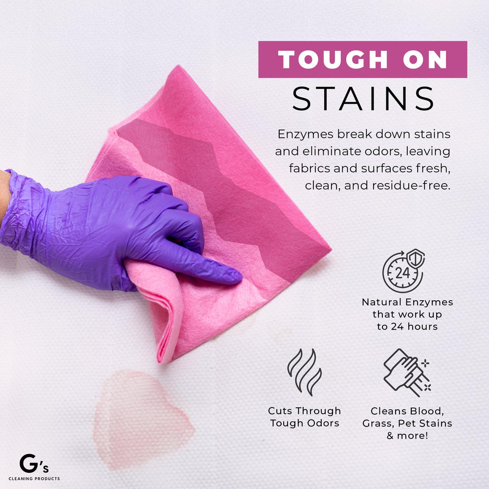 G's Cleaning enzymatic action breaks down tough stains on fabrics and surfaces.
