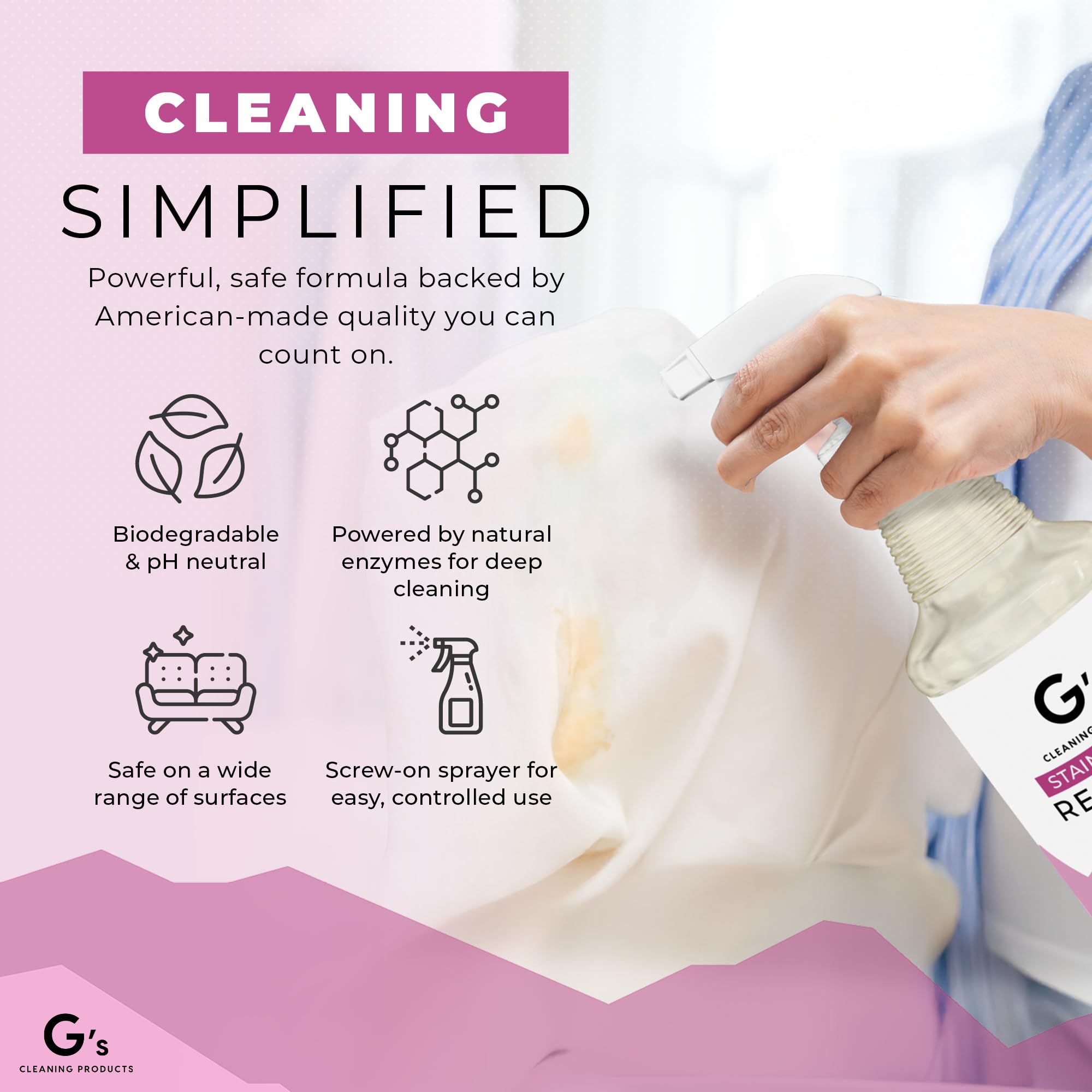 G's Cleaning upholstery cleaner used on sofas and chairs for refreshed fabric surfaces.