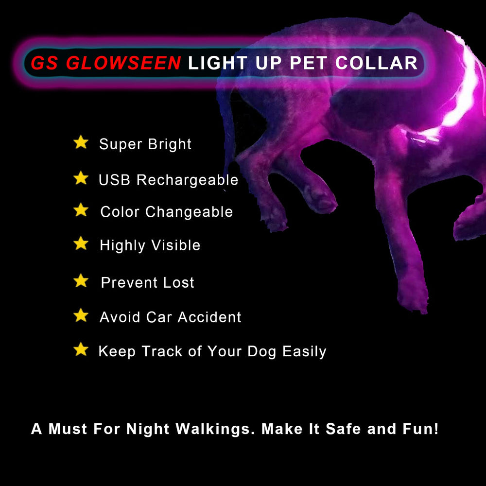 GS GLOWSEEN LED dog collar color mode panel with 15 lighting effects.