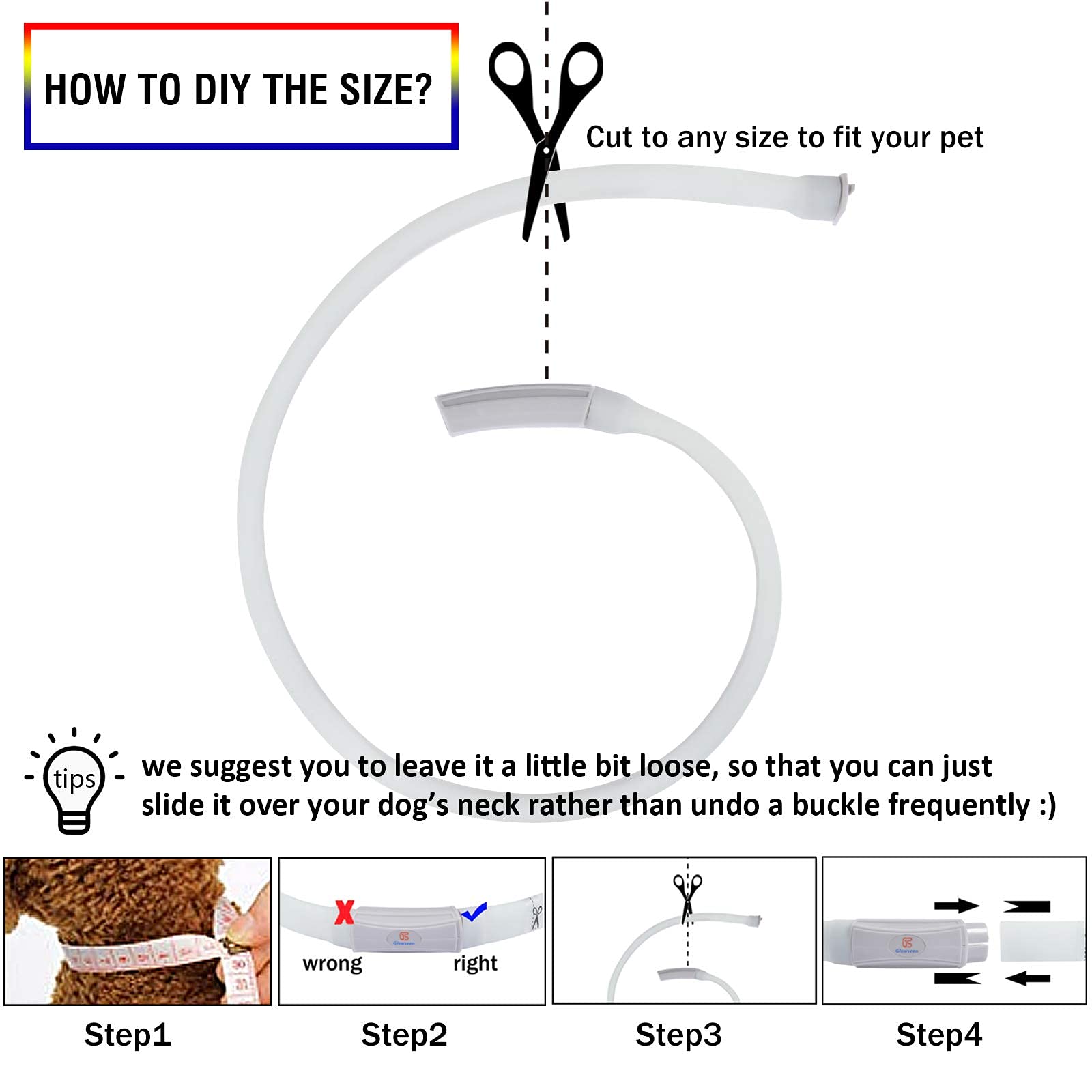 GS GLOWSEEN LED dog collar cut-to-fit design for a secure, custom fit.