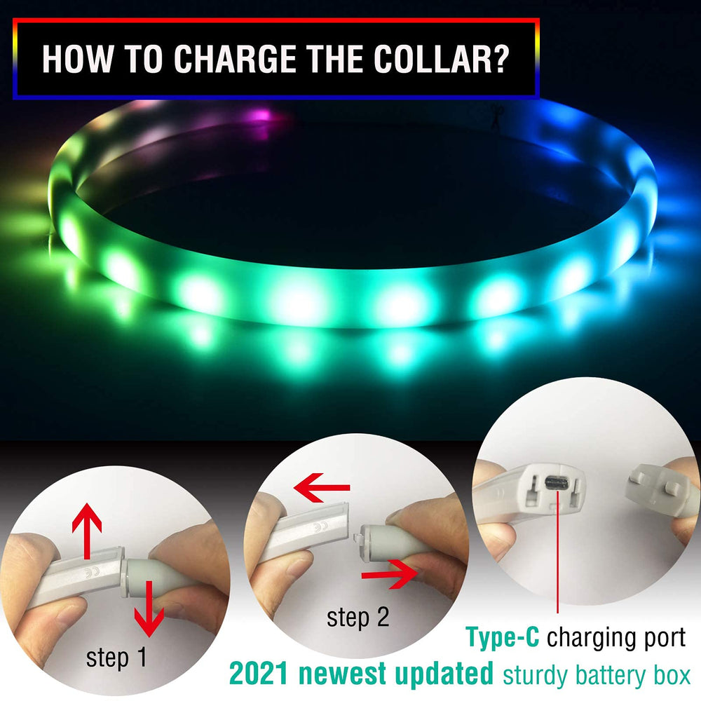 GS GLOWSEEN LED dog collar USB-C recharge keeps nighttime adventures ready.