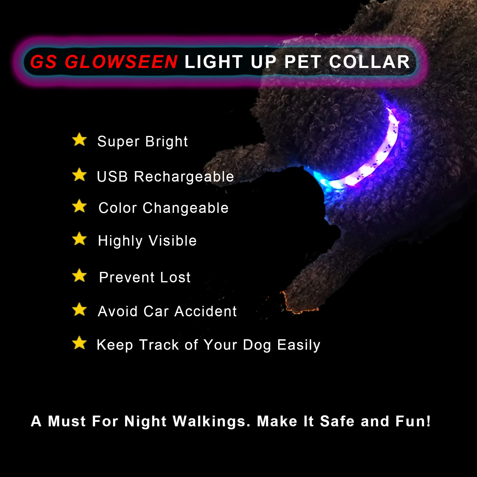 GS GLOWSEEN LED dog collar USB recharge provides long glow times