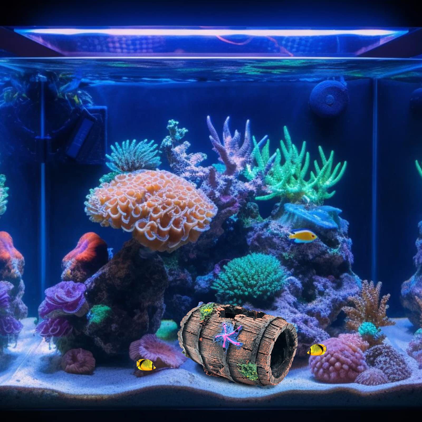 GSD aquarium decor blends barrel and starfish for cohesive undersea landscape.