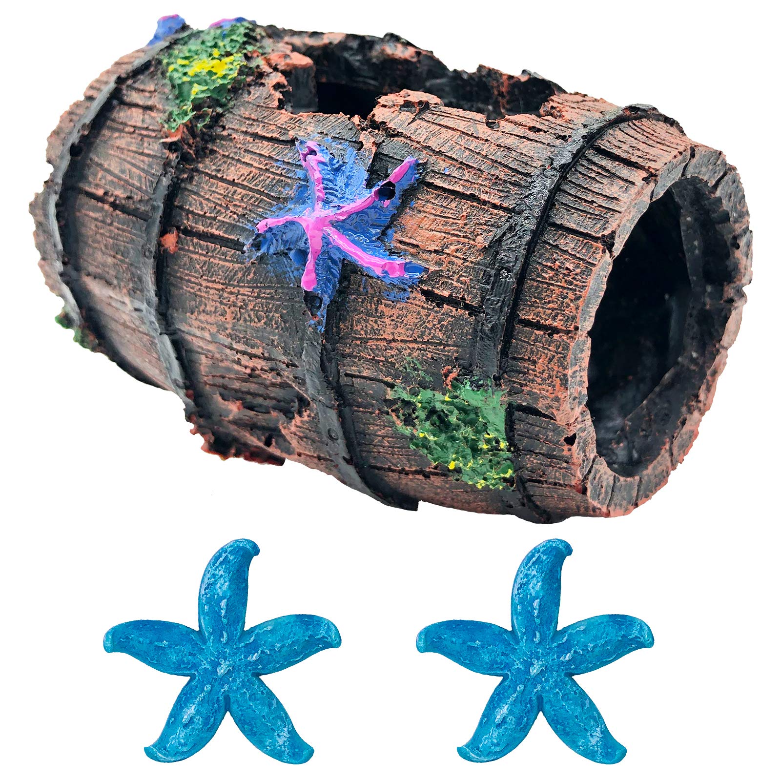 GSD broken barrel ornament in betta tank adds aged realism and hiding caves.