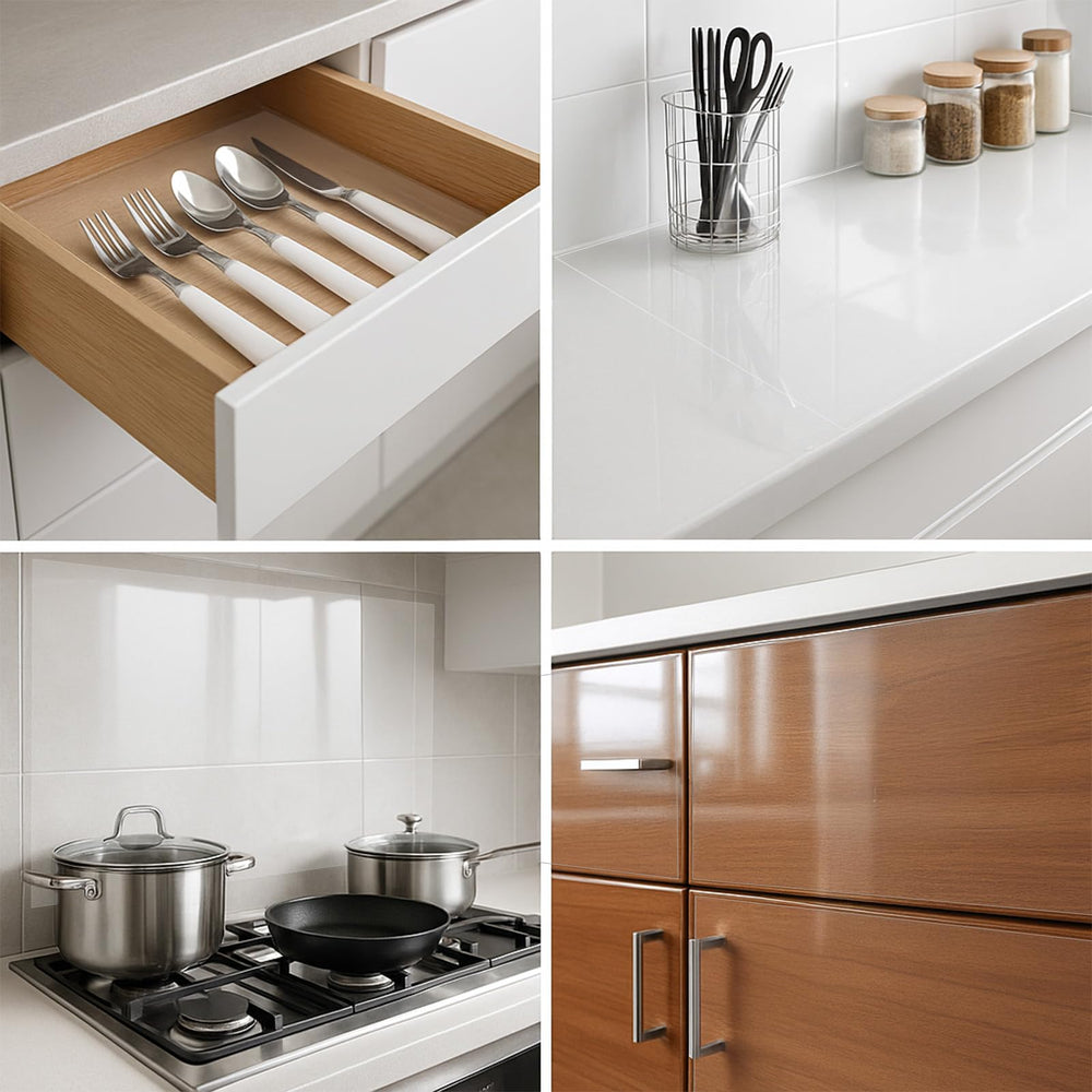 Gtziqa Clear Wall Protector used on kitchen backsplash and cabinets.