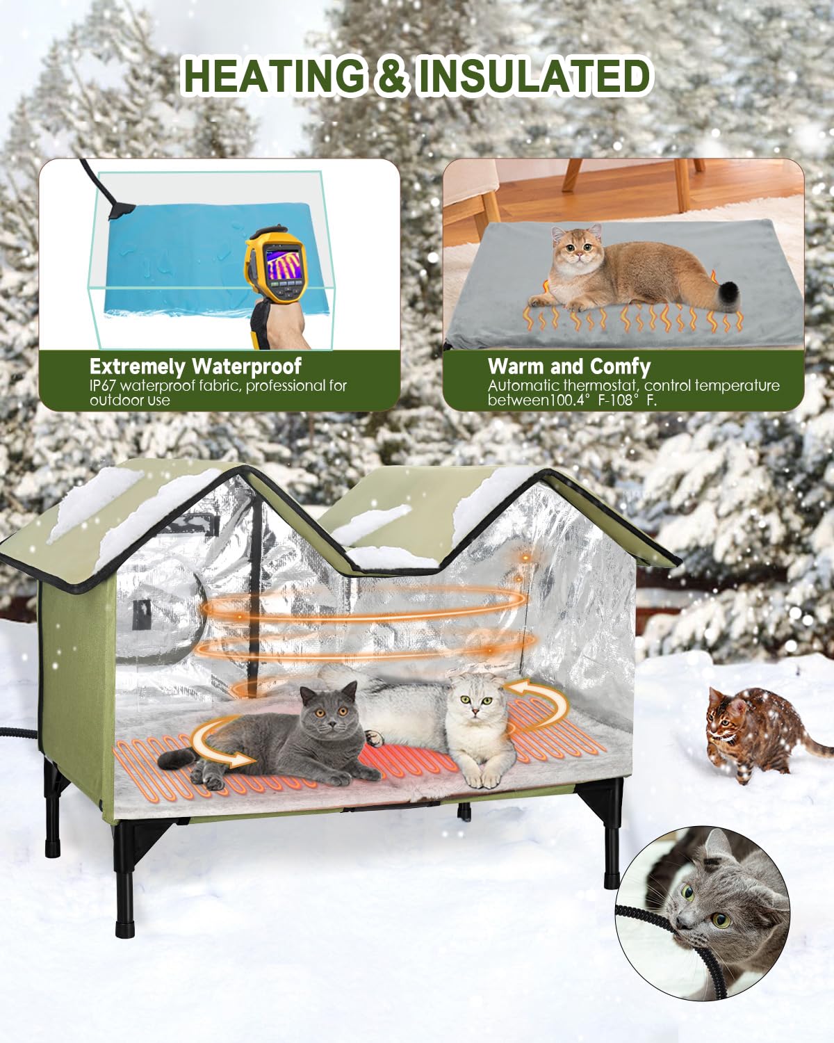GUZROK heated cat house interior shows full-floor heating pad keeping cats warm