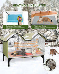GUZROK heated cat house interior shows full-floor heating pad keeping cats warm