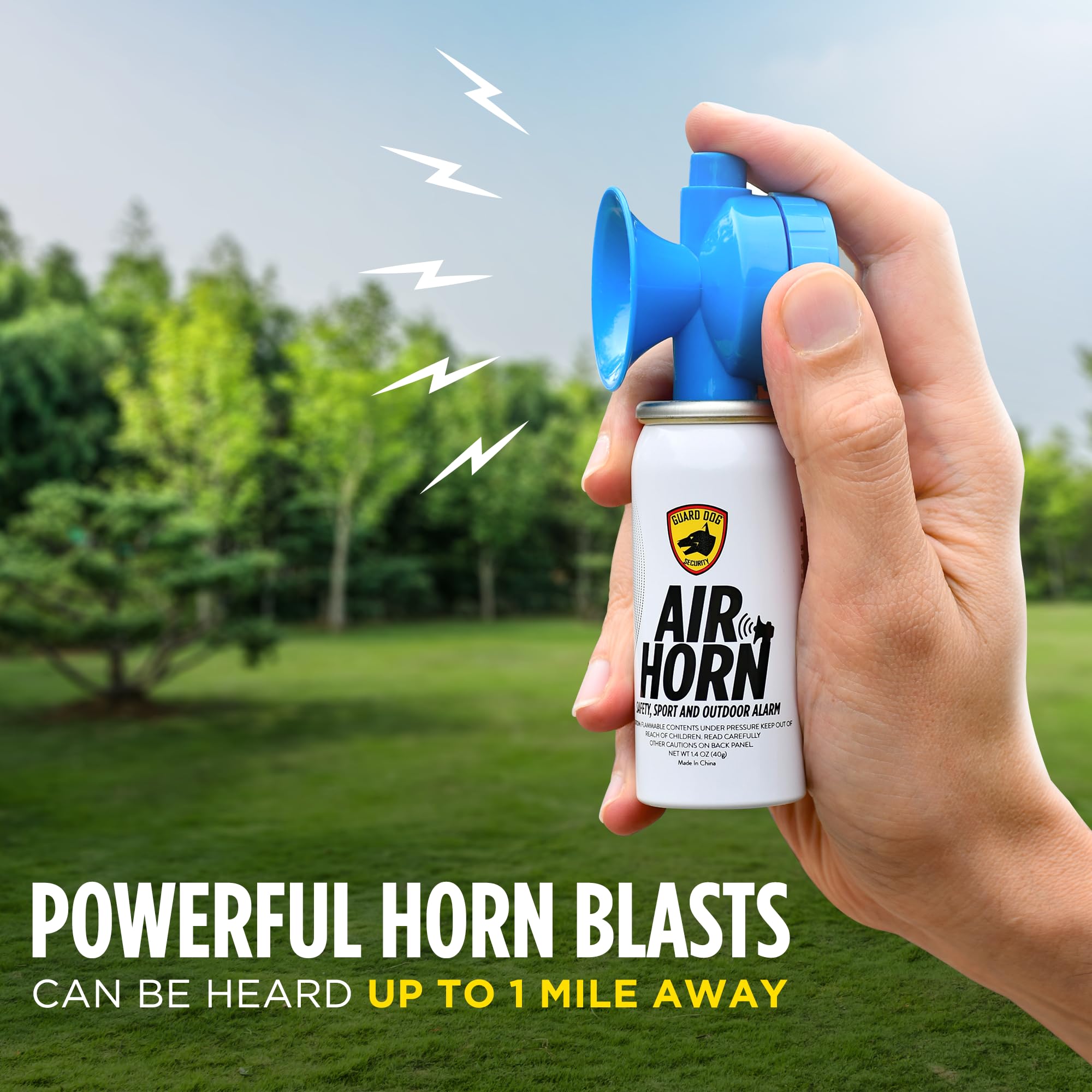 Guard Dog Security outdoor safety air horn shown in rugged environment.
