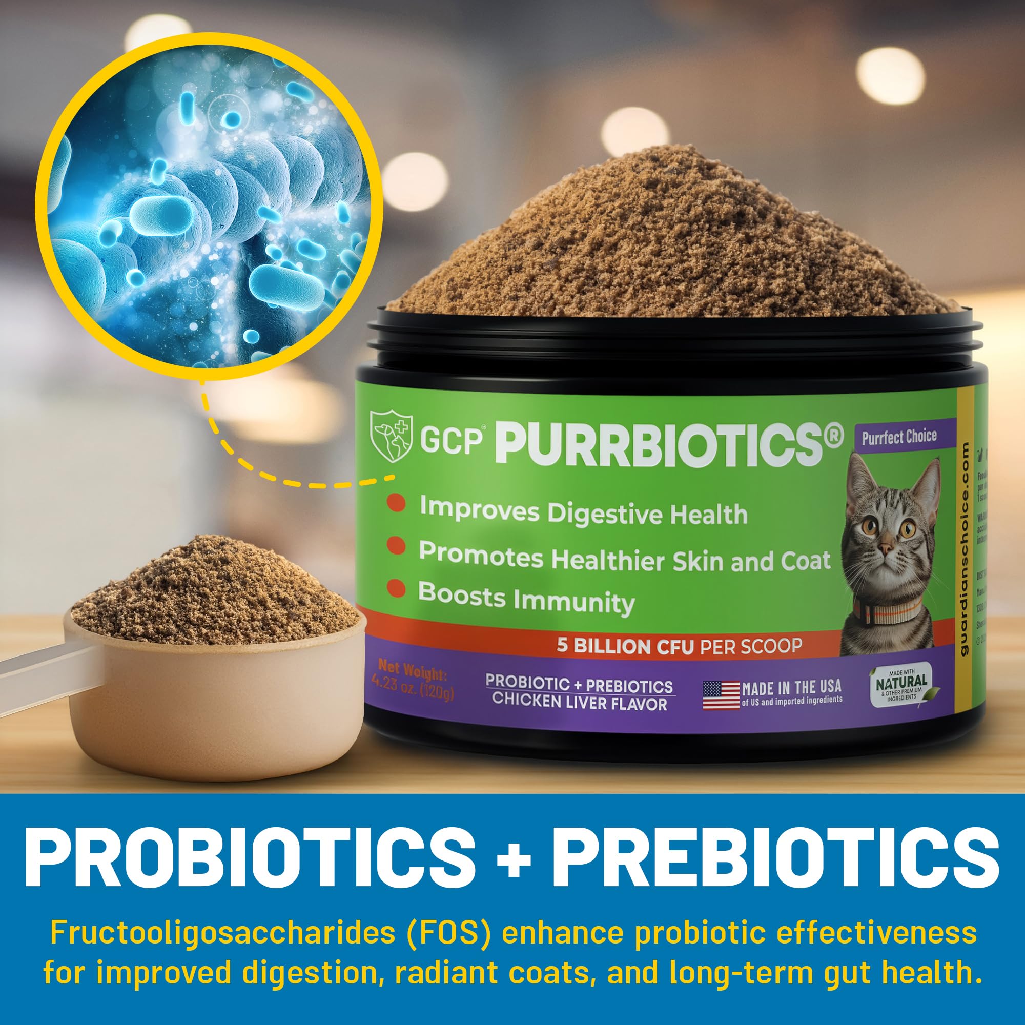 Guardian's Choice Purrbiotics cat-dining scene demonstrates mealtime-friendly use.
