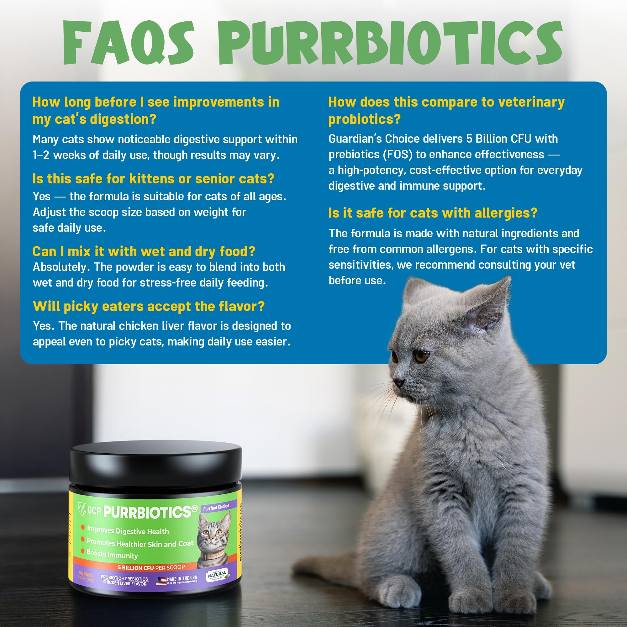 Guardian's Choice Purrbiotics shelf-storage reinforces ready-to-use ease.