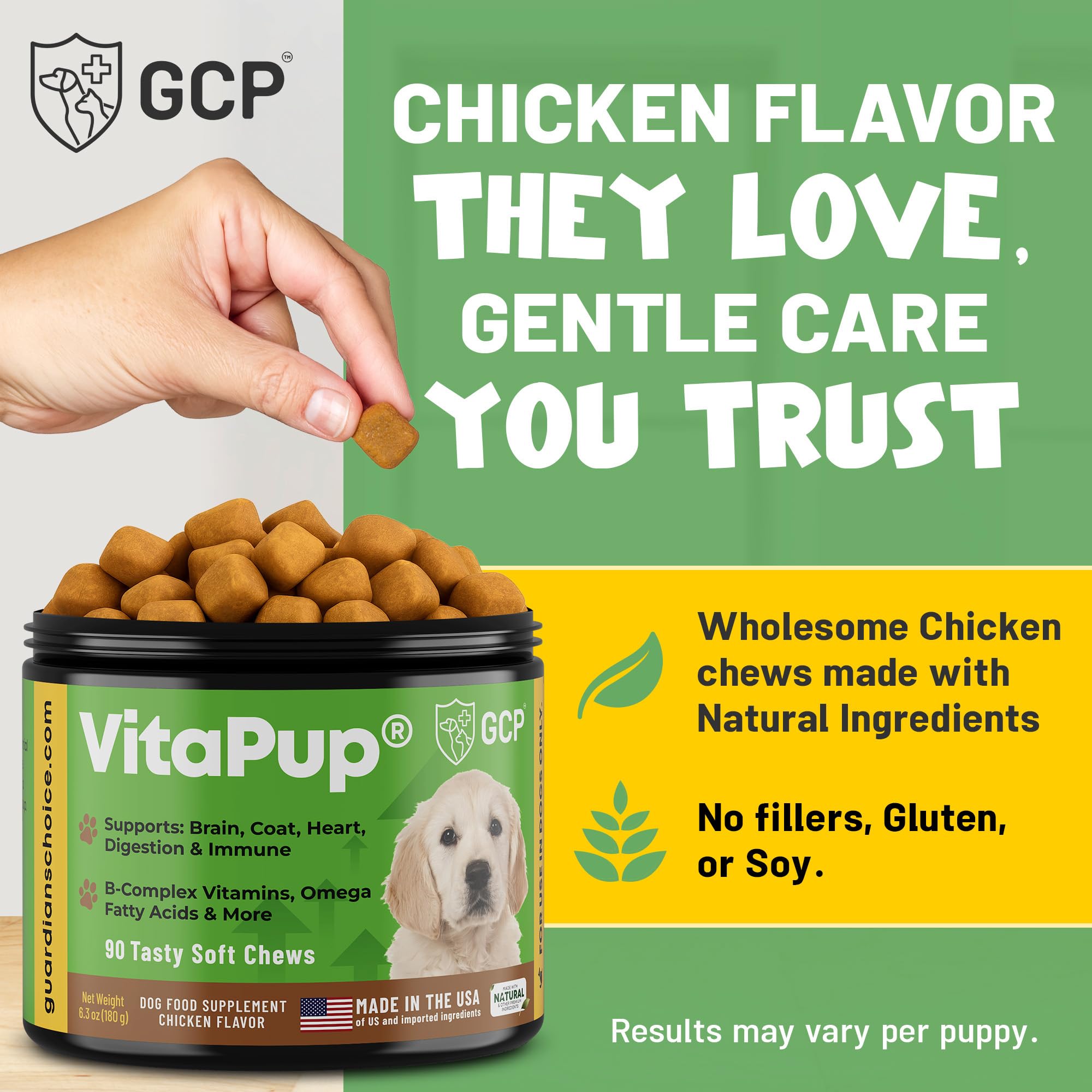 Guardian's Choice VitaPup chews on hand with puppy-friendly texture.