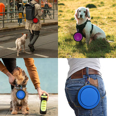 Guardians collapsible bowls clipped to a backpack for easy camping access.