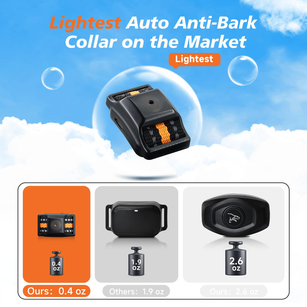 Guidoy orange bark collar on small dog—no shock with sound vibration deterrence.