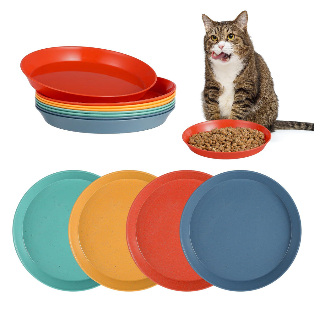 Guiqulai 8 Pcs Cat Food Dish Set in bright colors, shallow bowls for comfortable whisker-friendly meals.