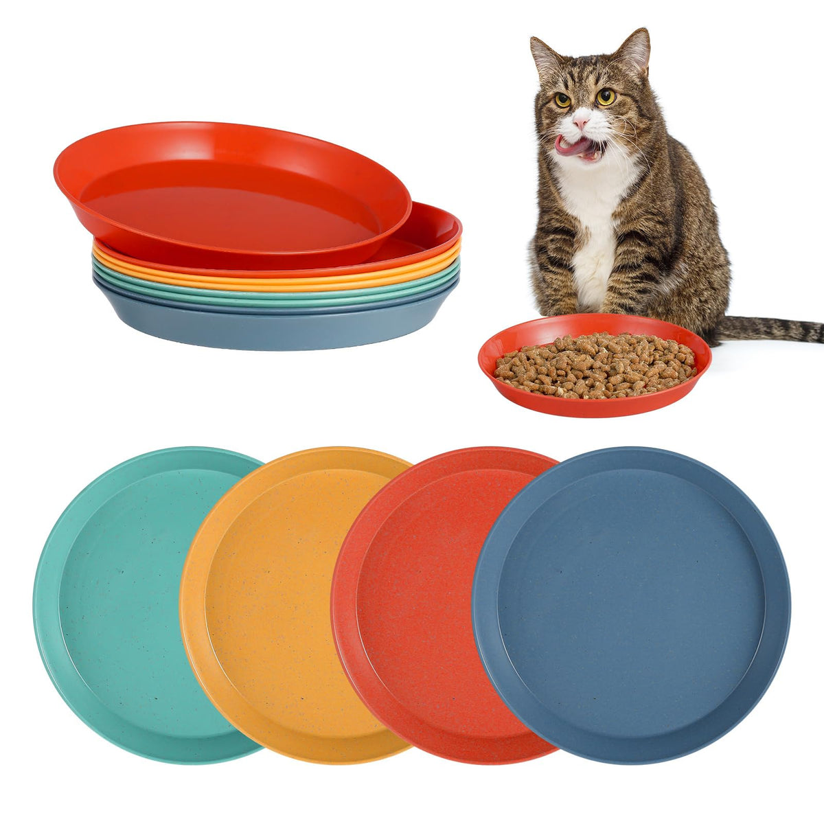 Guiqulai 8 Pcs Cat Food Dish Set in bright colors, shallow bowls for comfortable whisker-friendly meals.