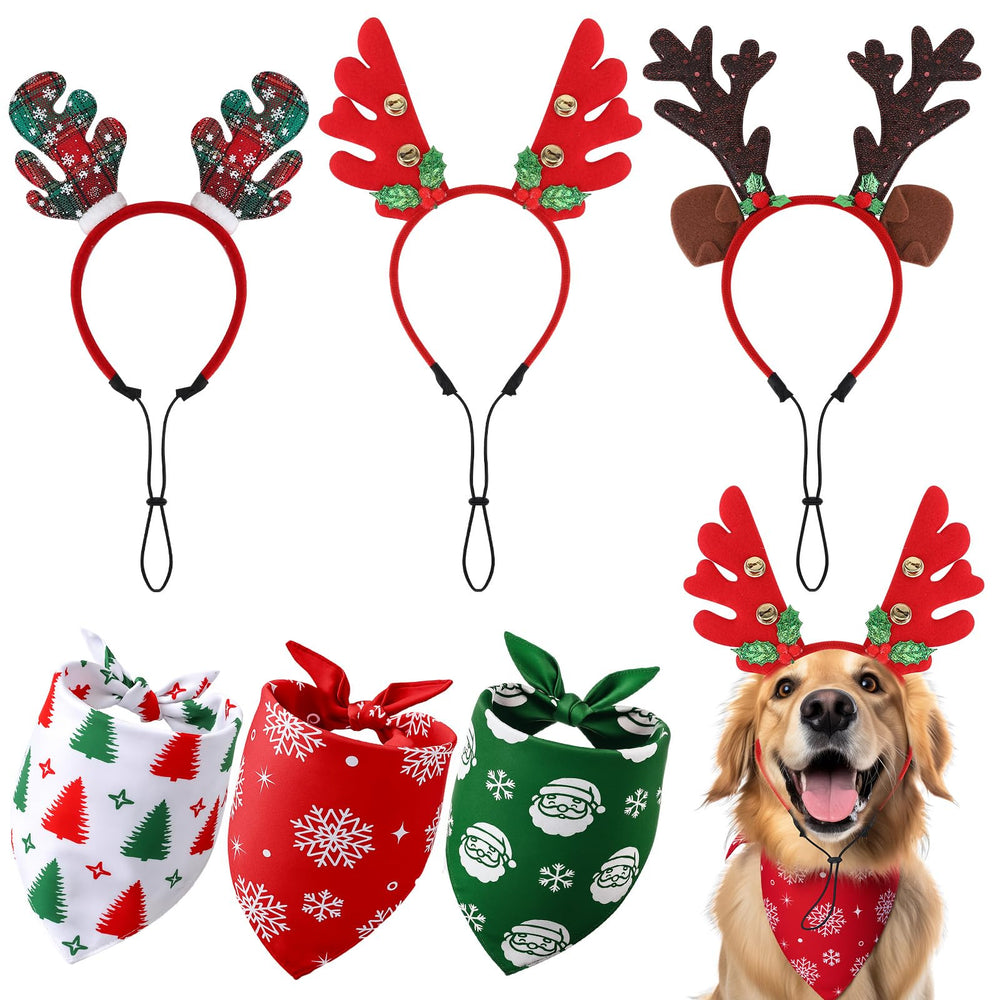 Guiqulai reindeer headband with brown antlers on a dog for festive look