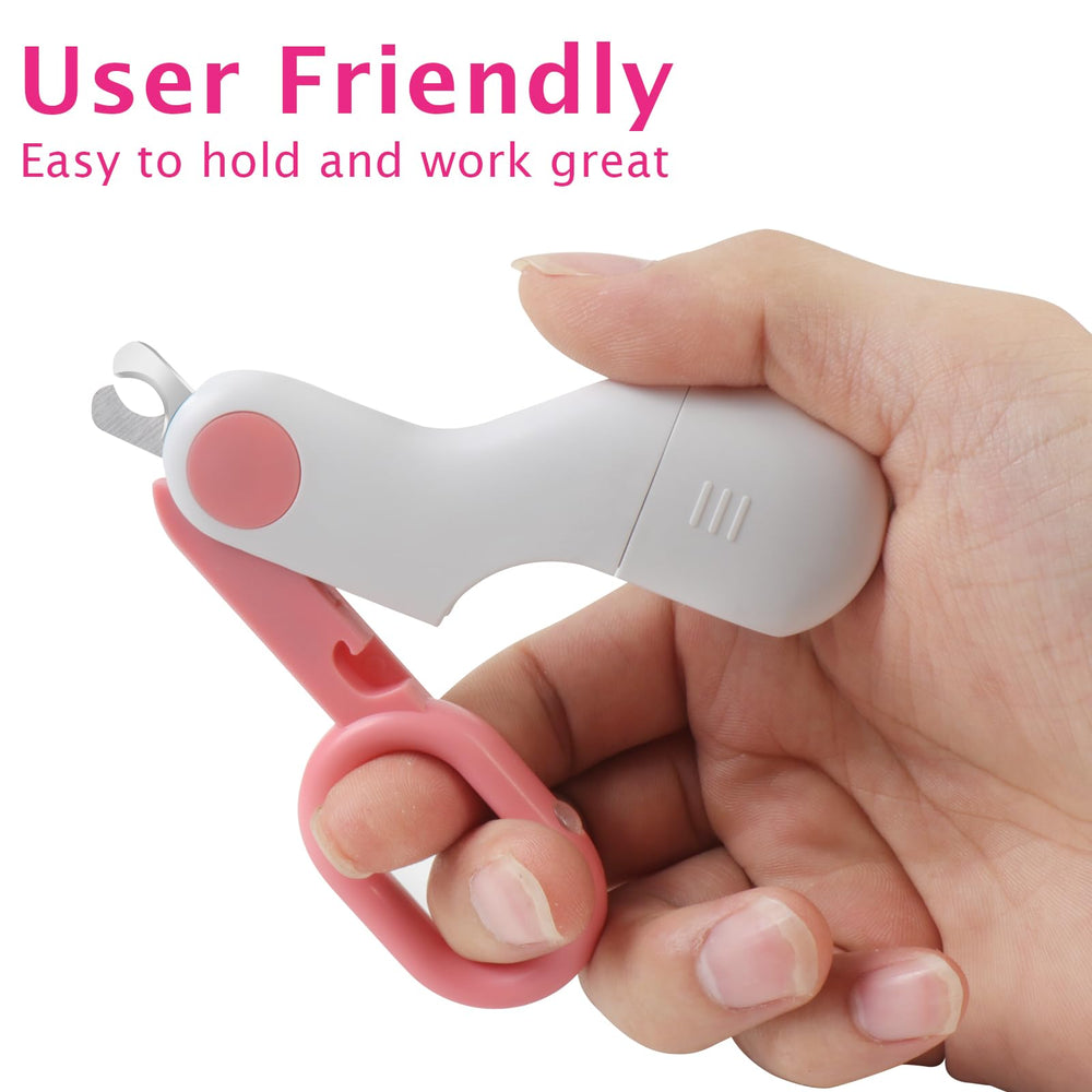 GuLuPets pink nail clippers in use on a tiny pet