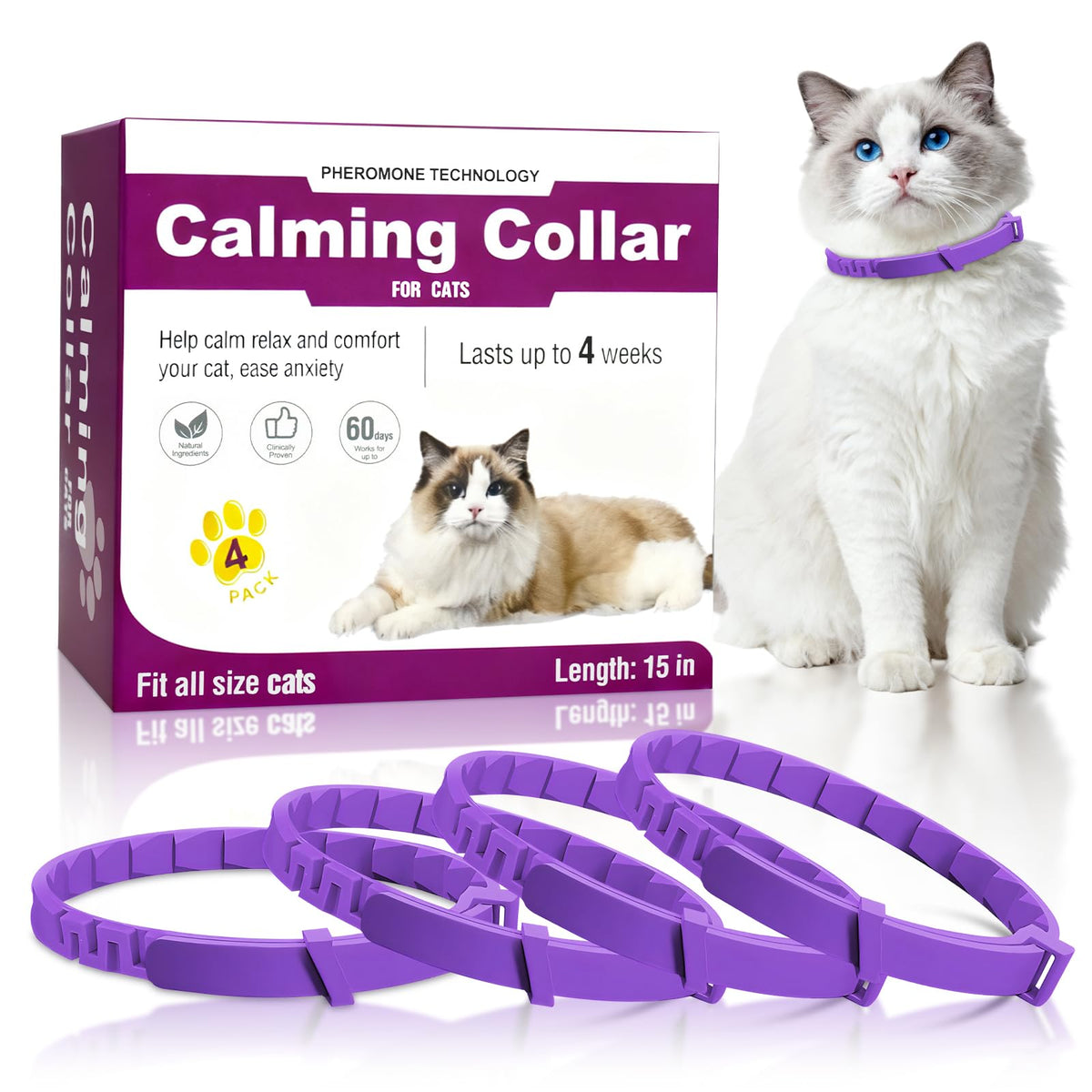 Guowo calming collar four-pack in box enabling convenient, on-the-go calming for anxious cats.