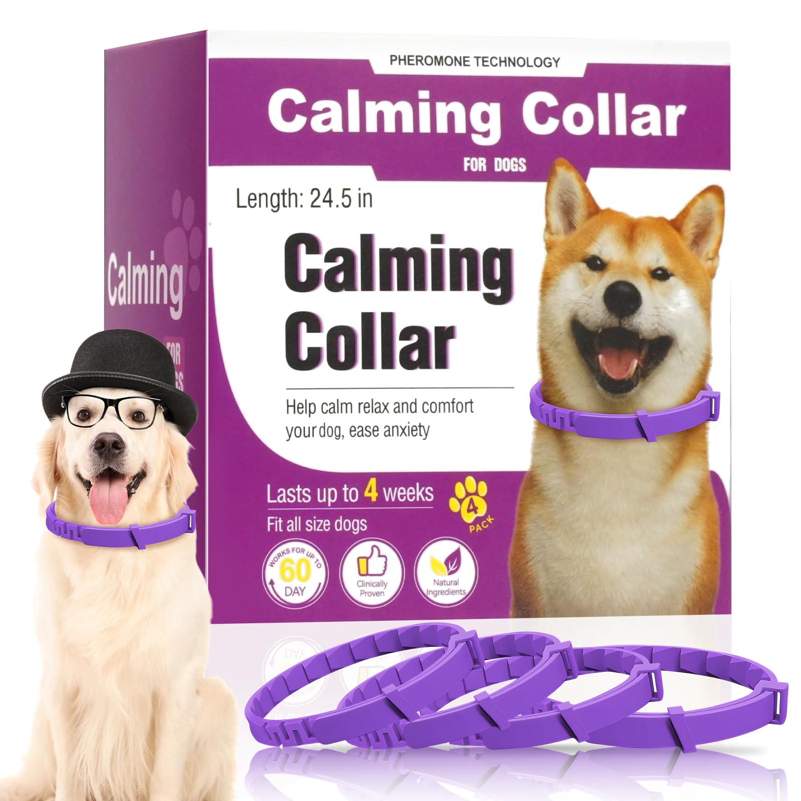 Guowo calming collar four-pack box highlights long-lasting pheromone relief for anxious dogs.