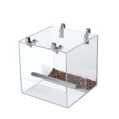 GURECOD automatic bird feeder acrylic closeup shows durable housing for clean feeding.