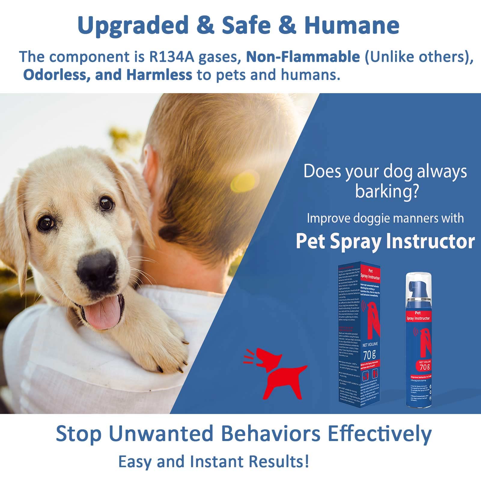Gutes Leben Dog Instructor Spray close-up showing harmless hiss cue for behavior interruption.