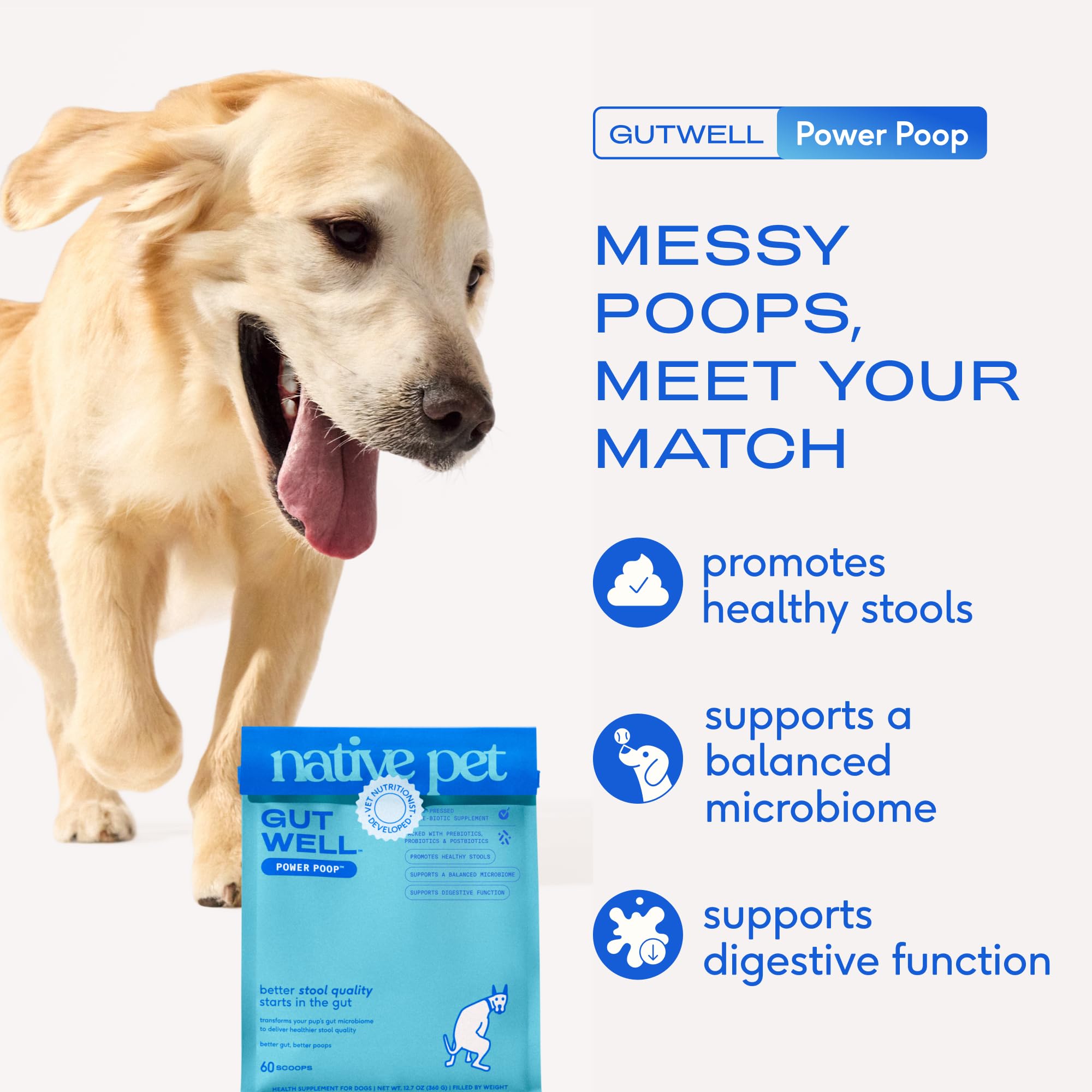 GutWell triple-biotic blend bottle demonstrates gut balance support for dogs.