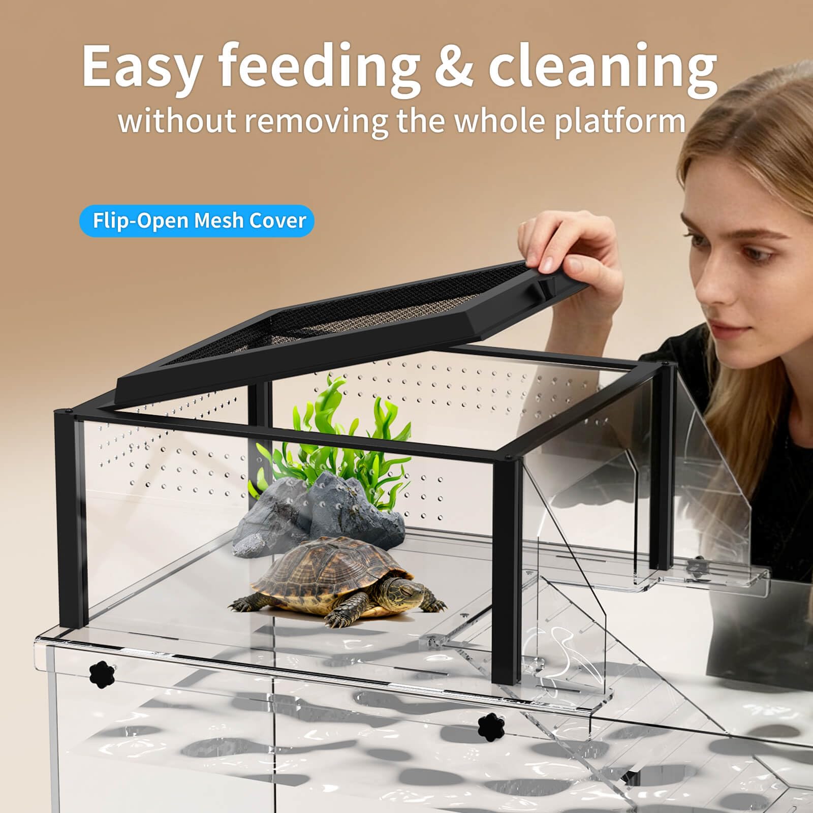 GYACS upgraded turtle basking platform flip-open lid enables easy feeding without removing platform