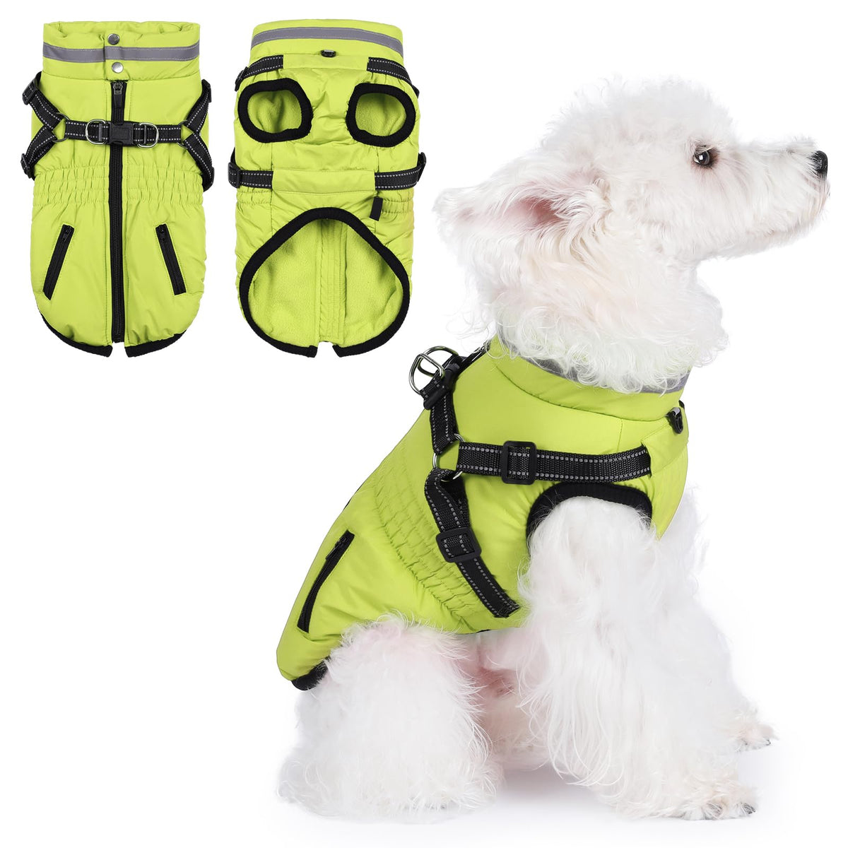 Gyuzh dog coat with harness front view showing built-in harness for easy daily wear