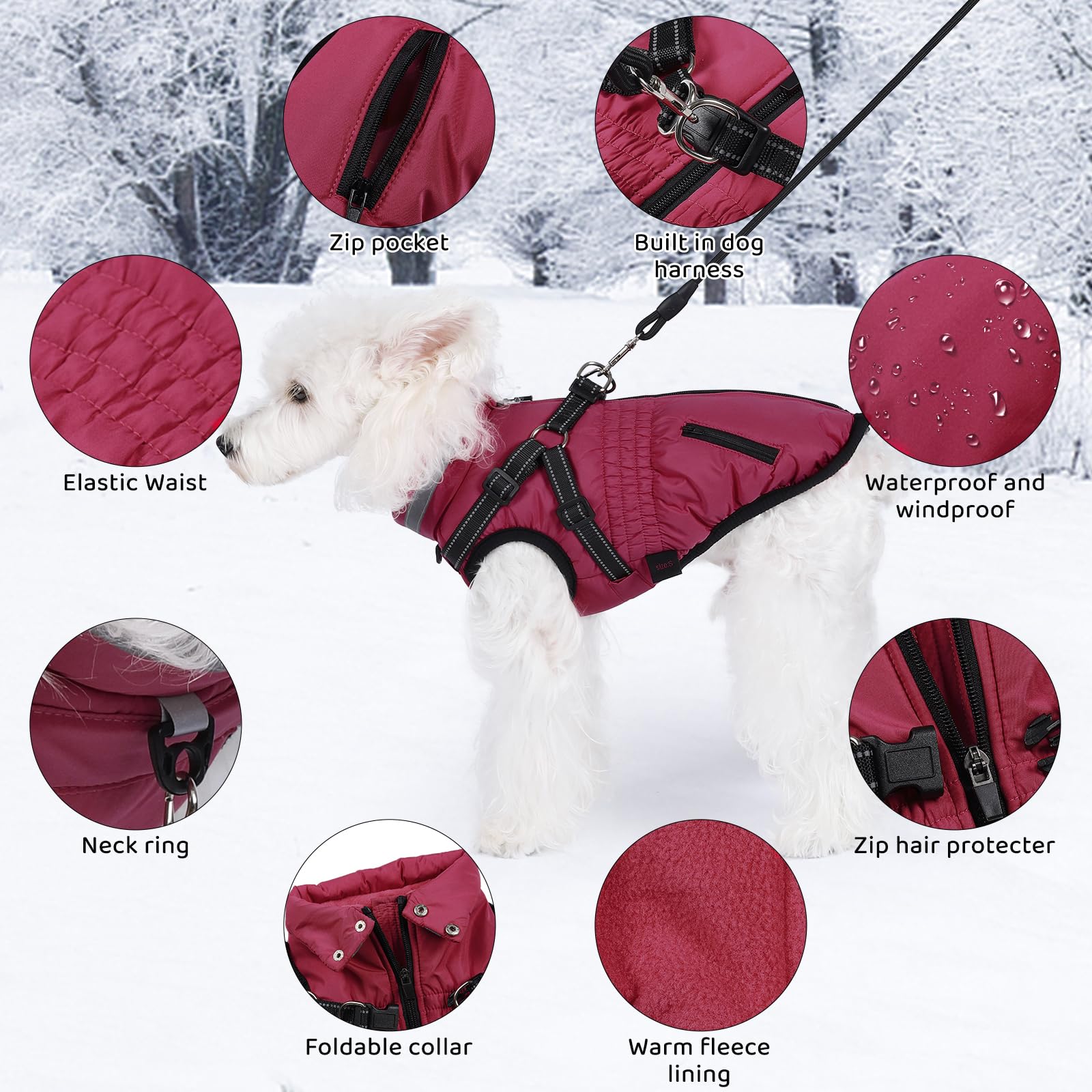 Gyuzh dog coat with harness padded inside provides cozy warmth on cold days.
