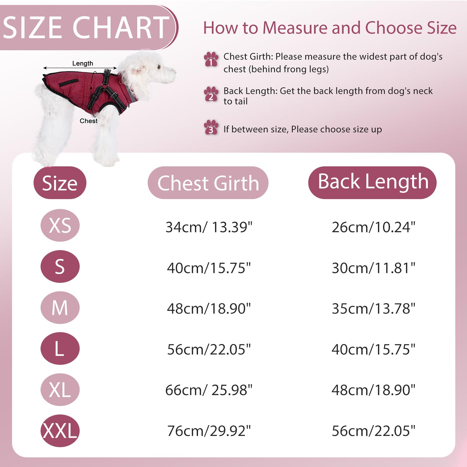 Gyuzh dog coat with harness size chart helps choose correct chest girth.