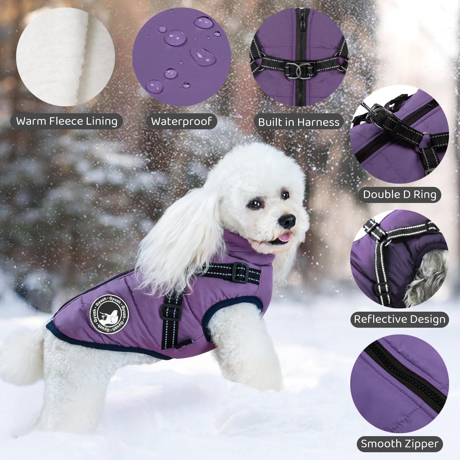 Gyuzh dog coat with harness back view highlights secure fit and full coverage.