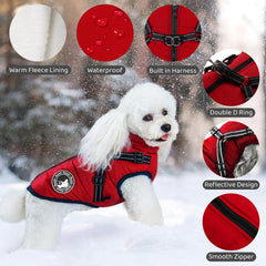 Gyuzh dog coat with harness back view highlights secure fit and reflective harness visibility.