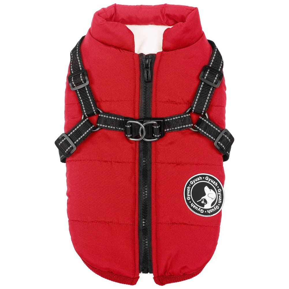 Gyuzh dog coat with harness front view demonstrates 2-in-1 warmth and safety.