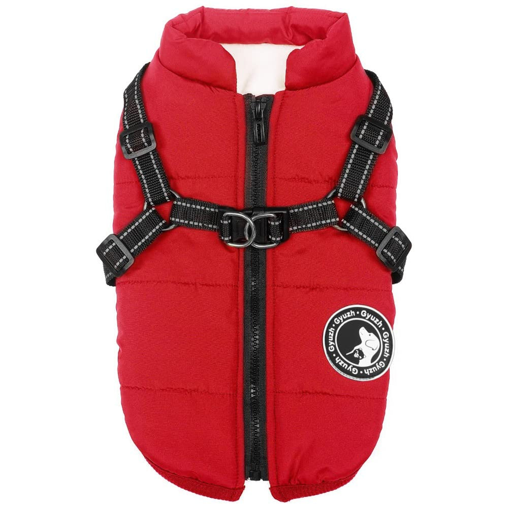 Gyuzh dog coat with harness front view demonstrates 2-in-1 warmth and safety.
