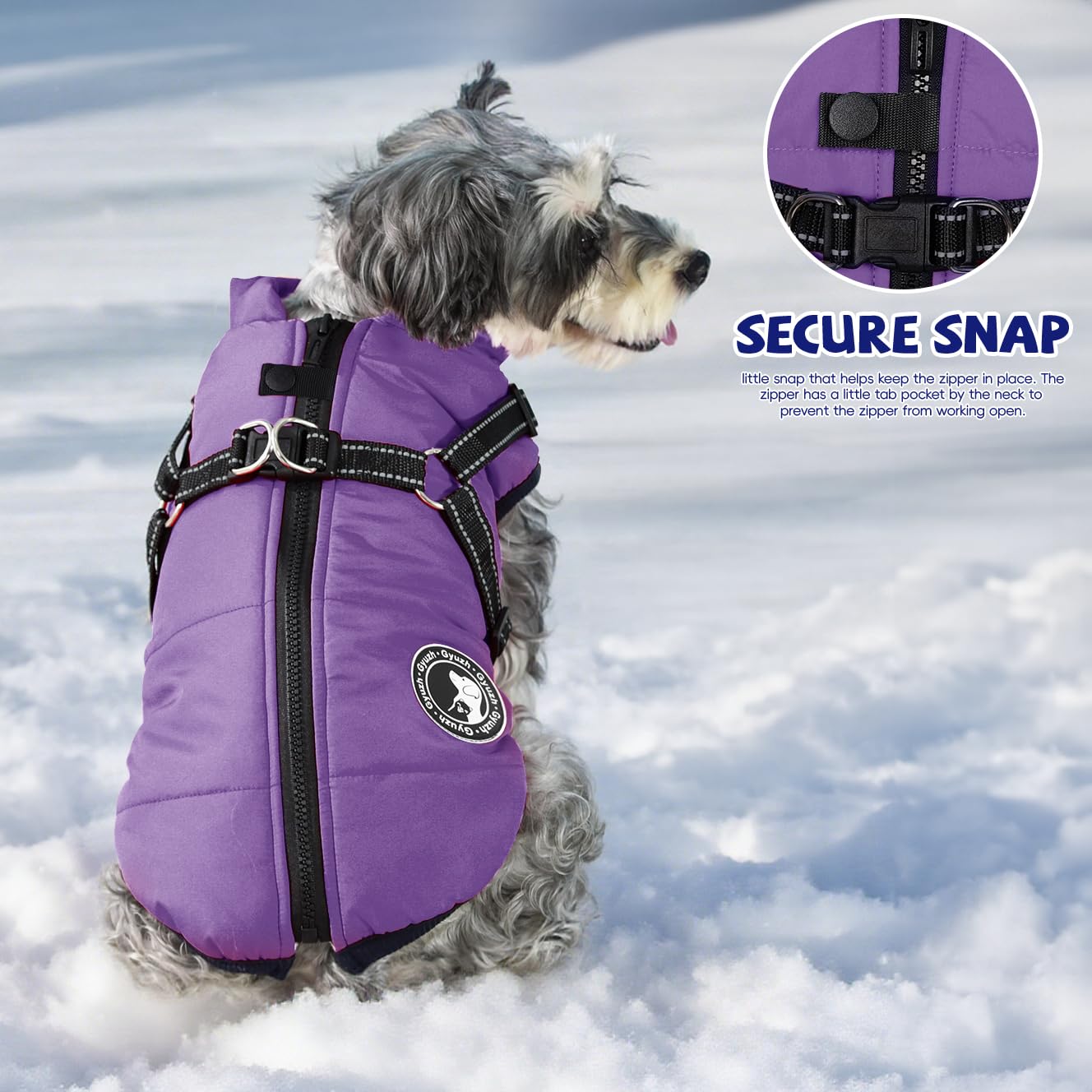 Gyuzh dog coat with harness reflective strip image enhances night visibility.