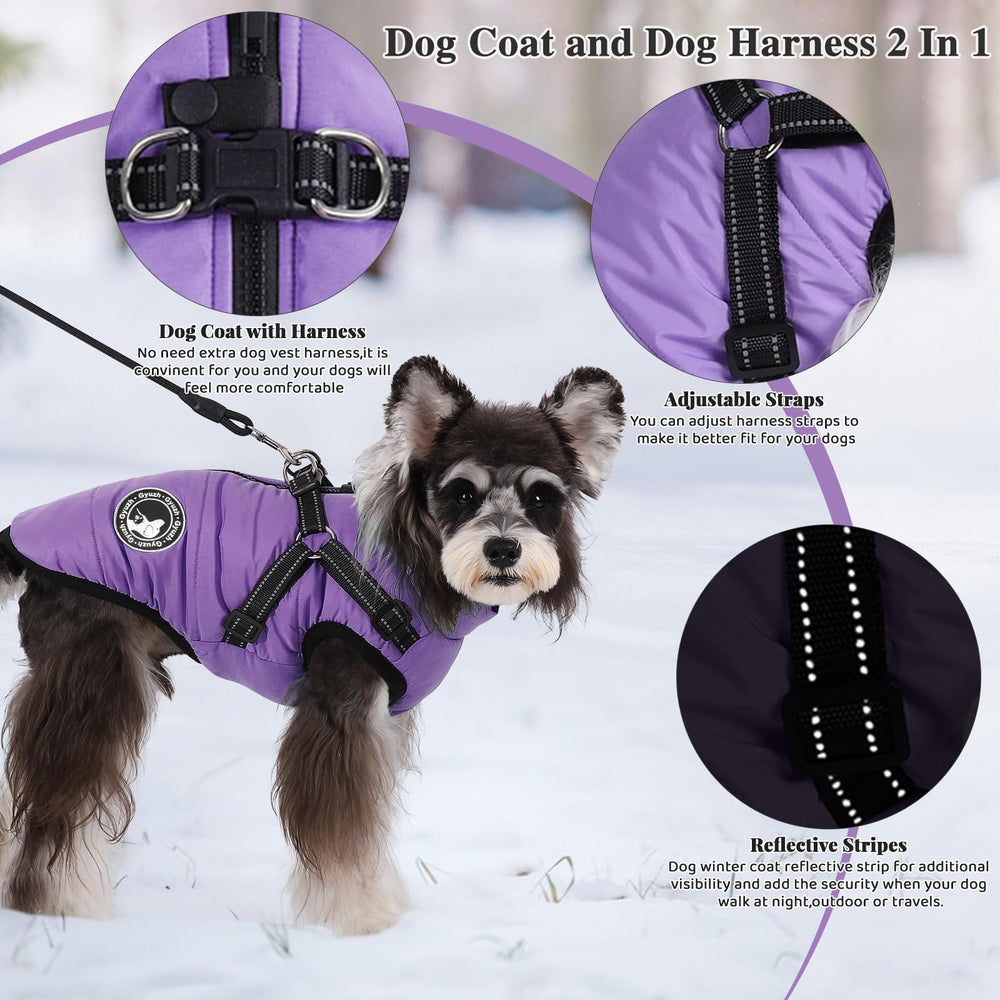 Gyuzh dog coat with harness side view left demonstrates adjustable fit for different breeds.