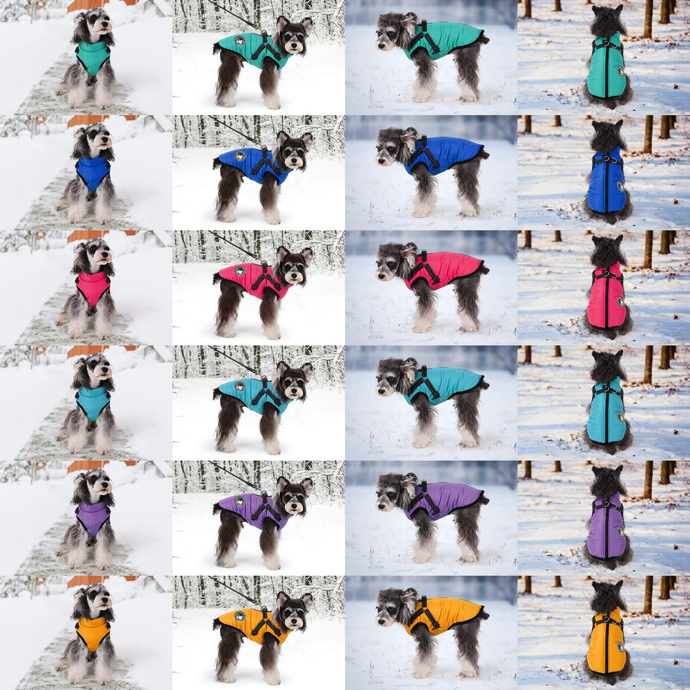 Gyuzh dog coat with harness side view right shows comfortable chest area and movement.