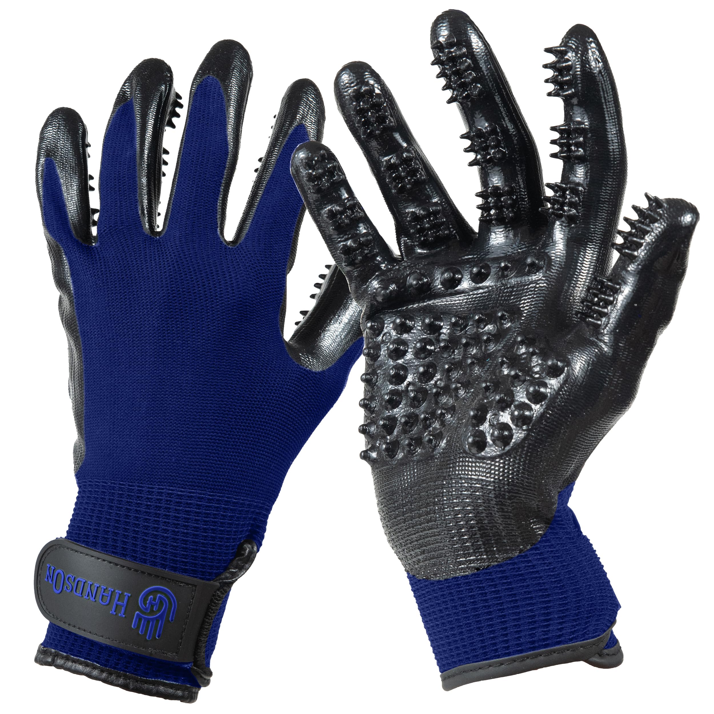 H HANDSON pet grooming gloves blue small close-up bristles for gentle fur removal.