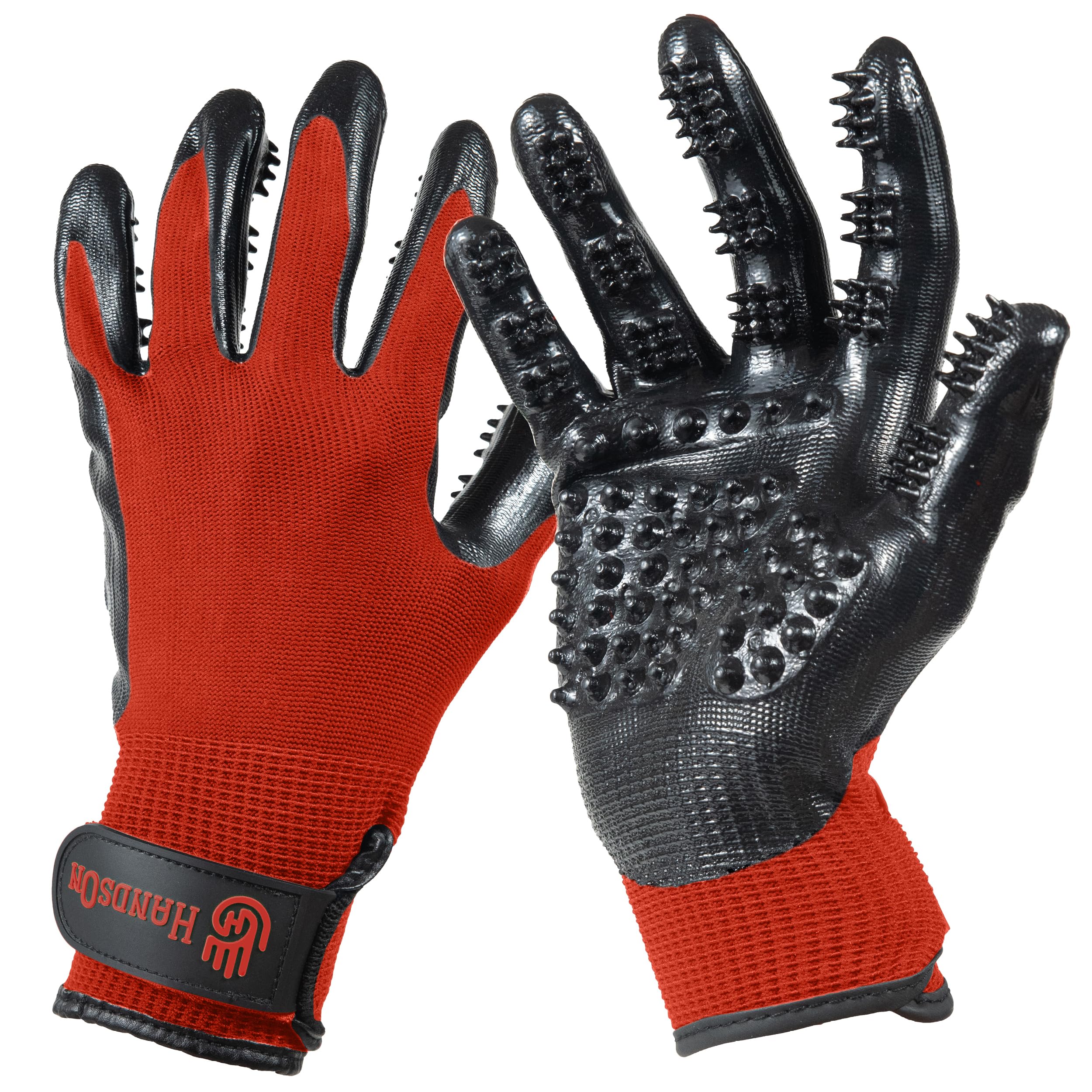 H HANDSON pet grooming gloves closeup bristle massage for soothing brushing.