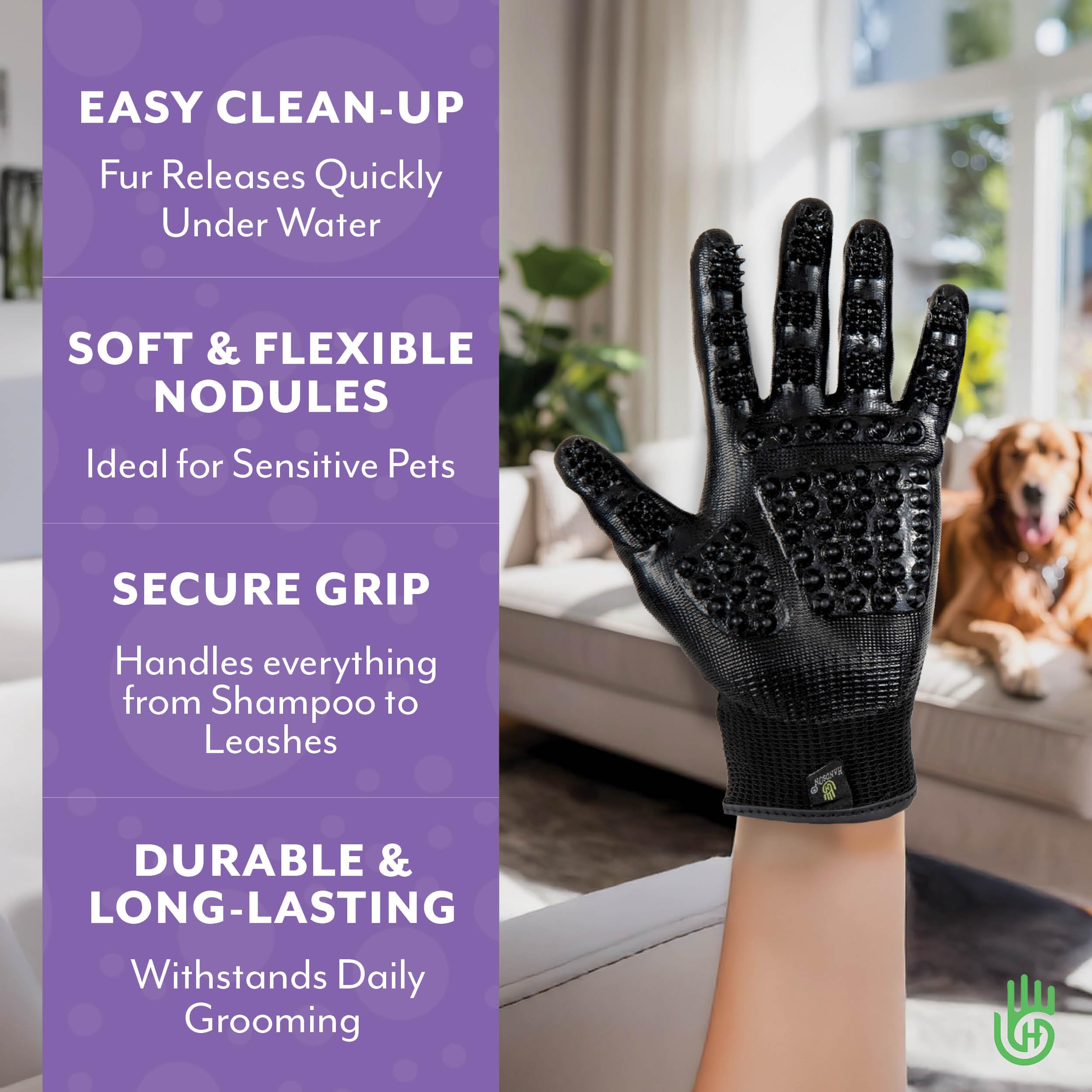H HANDSON dog grooming gloves paw massage in action emphasizes reduced friction.