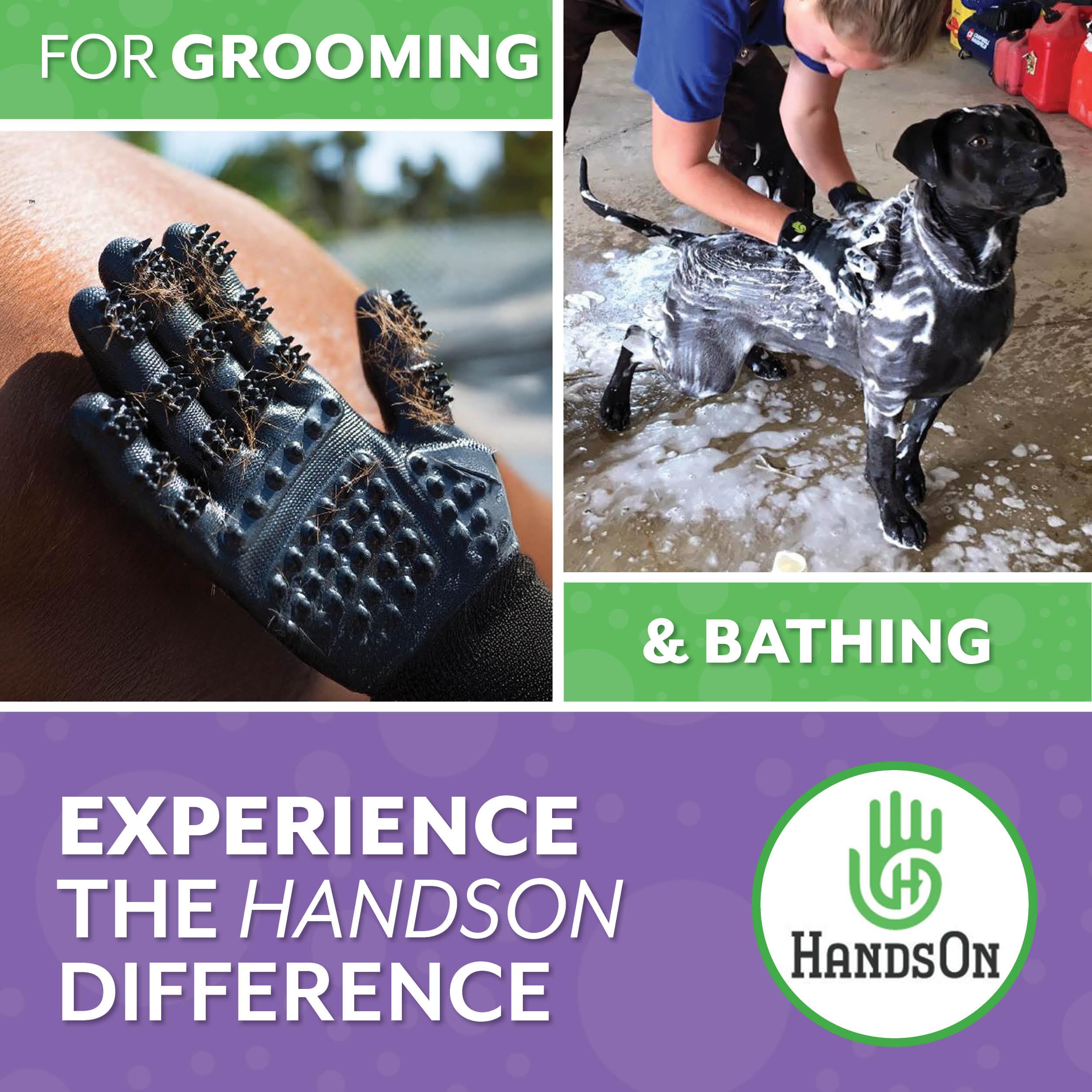 H HANDSON grooming gloves easy to clean after muddy baths.