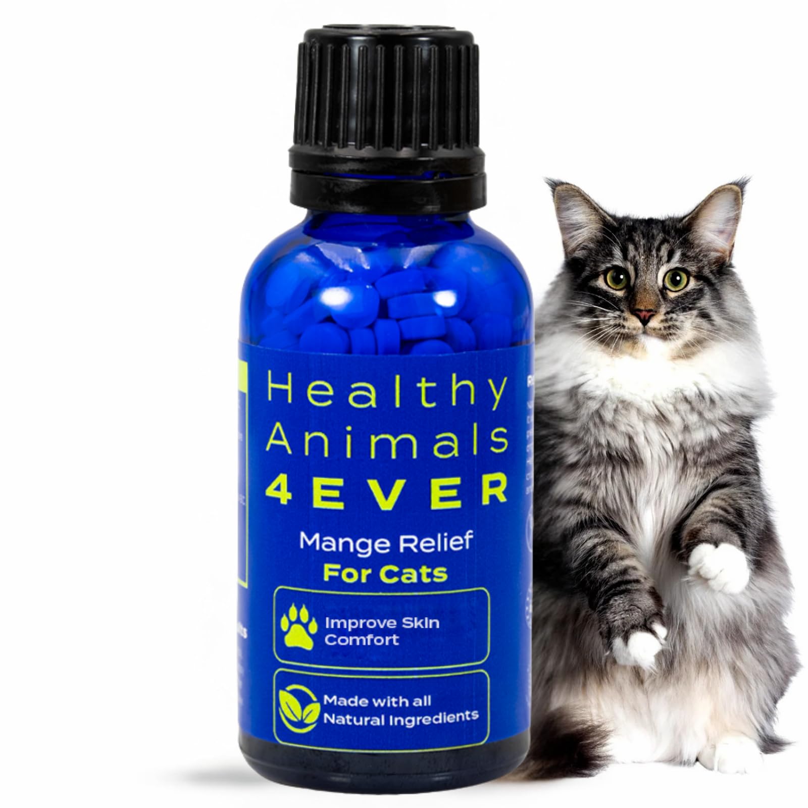 HealthyAnimals4Ever HA4E mange-relief bottle highlights all-natural ingredients for mite-related skin discomfort.