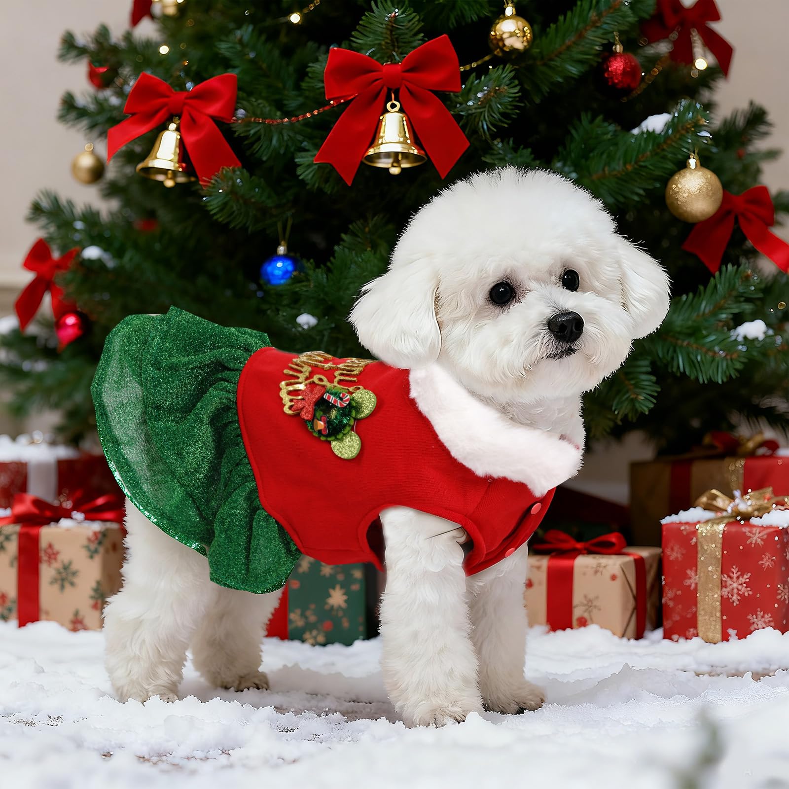 Haakong Dog Christmas Outfit back closure visible for quick dressing.