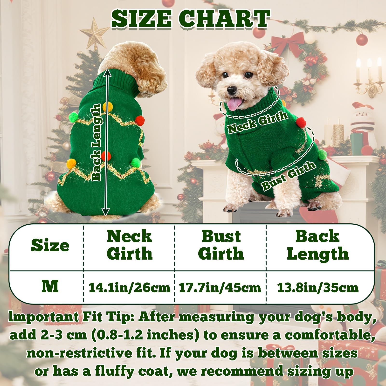 Haakong dog Christmas sweater with pom-poms photographed on dog for festive charm